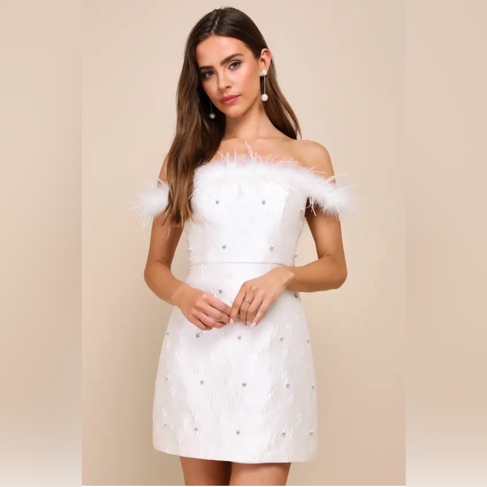 Lulu's Charming Always Ivory Floral Jacquard Feather Mini Dress
